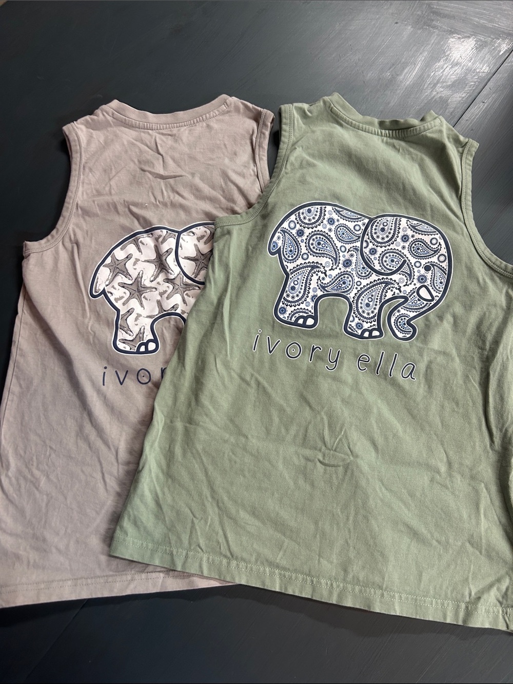 ivory ella Kids' Elephant Graphic Tank Tops in Sage Green & Grey